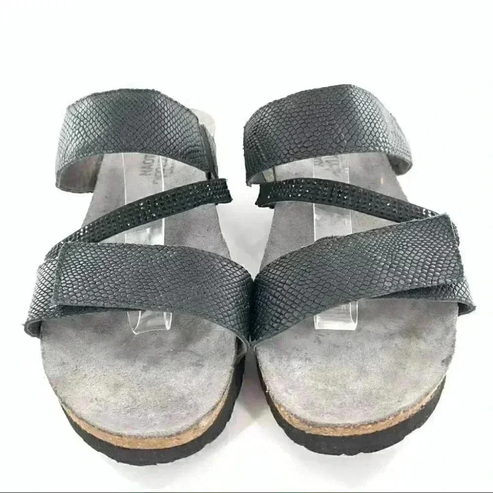 Naot sandals 39 8 black leather snakeskin print sticky strap walking comfort - Picture 2 of 12